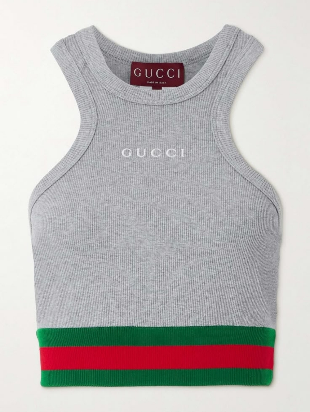 🌟Gucci Gray Ribbed Cropped Tank with Green & Red Hem Stripe